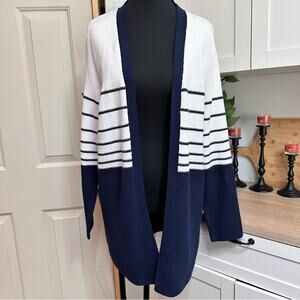 Chico's Women’s Size 1 US 8 Medium M Blue White Open Cardigan Capsule Wardrobe